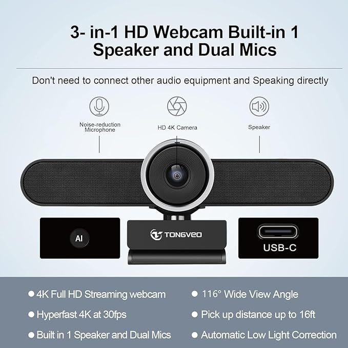 4K Webcam Conference Call TV Room Web Camera with Dual Microphones &ampSpeaker | All-in-One USB Video Camera 116° Wide Angle AI Auto Framing | Compatible with Zoom OBS