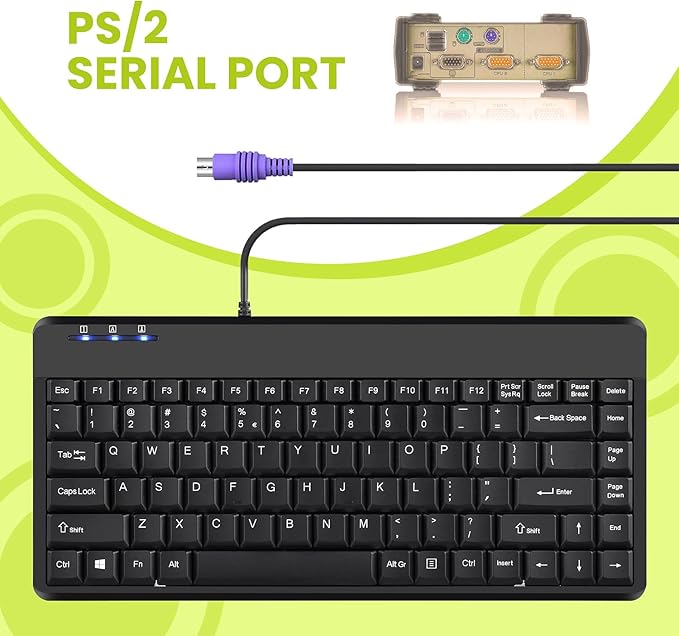 Perixx PERIBOARD-409P Wired PS2 Mini Keyboard Black US English Layout