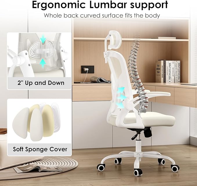 Ergonomic Office Chair with Adjustable Headrest and Flip-Up Armrests - High Back Mesh Computer Desk Chair with Lumbar Support for Home Office Gaming and Study 300 lbs Capacity (White Model E)