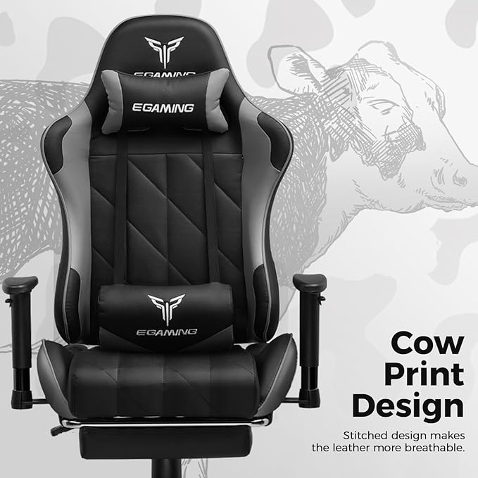 Gaming Chair Big and Tall Video Game Chair with High Back PU Leather Home Office Ergonomic Computer Chair with Footrest Adjustable Height 360° Swivel Wheels for Adults and Teens (Grey)