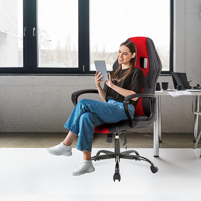 PC Gaming Chair Ergonomic Computer Chair Height Adjustable Chair Massage Game Chair Breathable Office Chair Ergonomic Desk Chair with 360°-Swivel Wide Seat for Office or Gaming Red