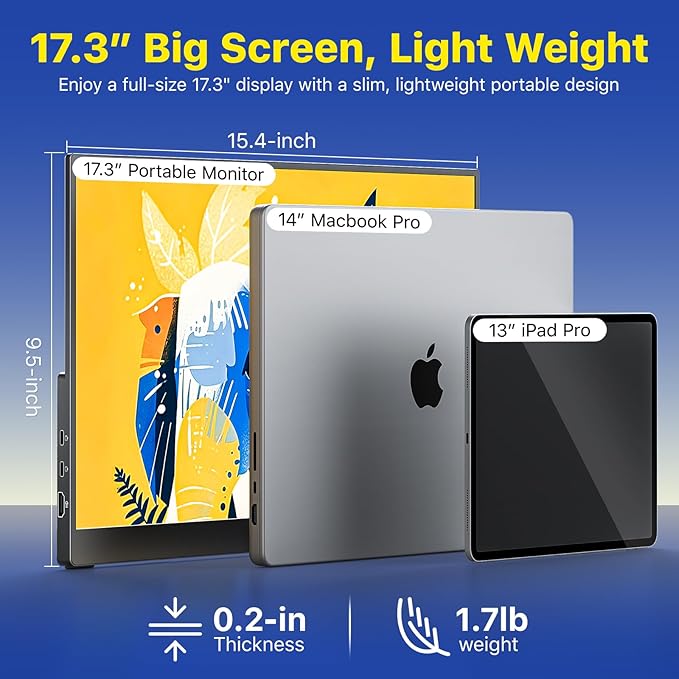VisionOwl Portable Monitor for Laptop IPS USB-C HDMI Travel Second Monitor for MacBook Pro Air PC PS5 Xbox Portable Second Screen Built-in Kickstand Speakers VESA Mountable 17.3 Inch
