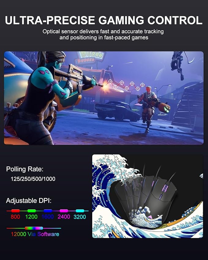 COSTOM Womier USB Wired Gaming Mouse for PC Computer Windows Mac Laptop Lightweight Silent RGB Backlit Mouse with Adjustable 12000DPI/7 Programmable Side ButtonsBlack Kanagawa Theme-G705 V2