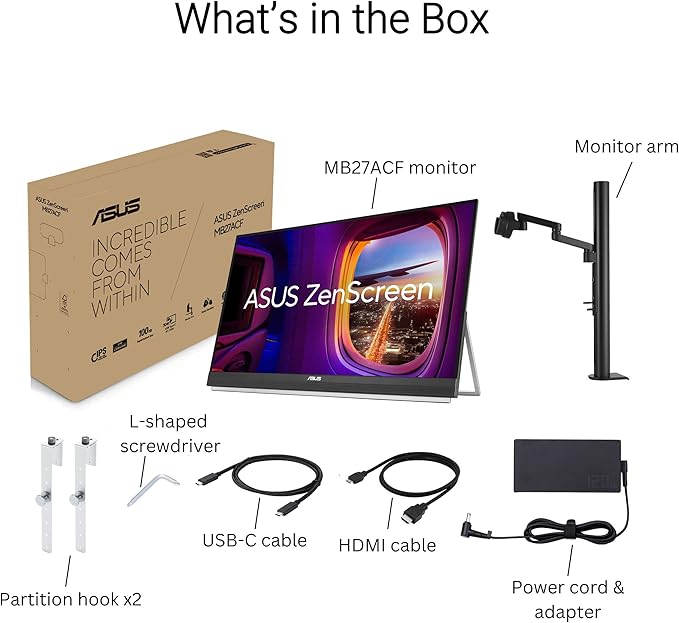 ASUS ZenScreen 27” 1440P Transportable Monitor (MB27ACF) - QHD (2560 x 1440) IPS 100Hz USB-C PD 70W Speakers Carrying Handle Kickstand C-clamp Sub-woofer 2.1 Channel Audio 3 yr Warranty
