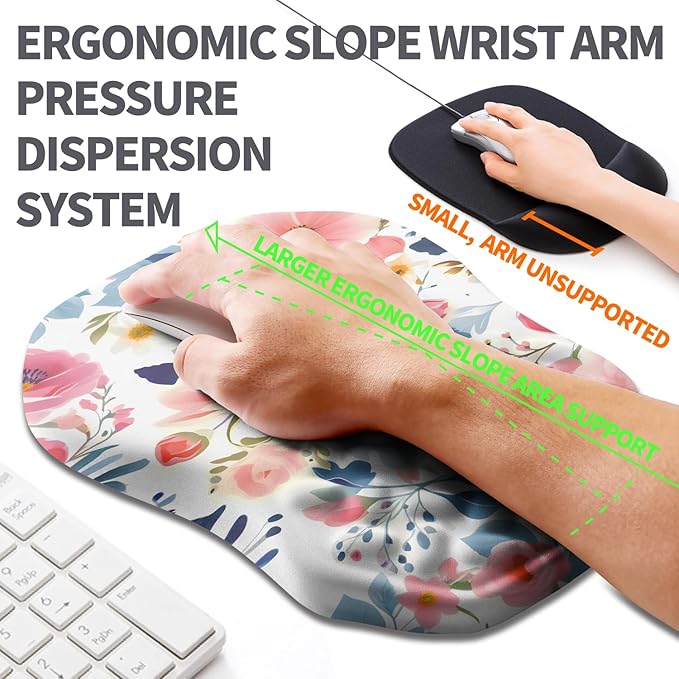 Ergonomic Slope Mouse Pad Wrist Support Wrist Rest Mousepad for Carpal Tunnel Pain Relief with Massage Bulge and Slow Rebound Memory Foam (12x8 inch Pink Floral)