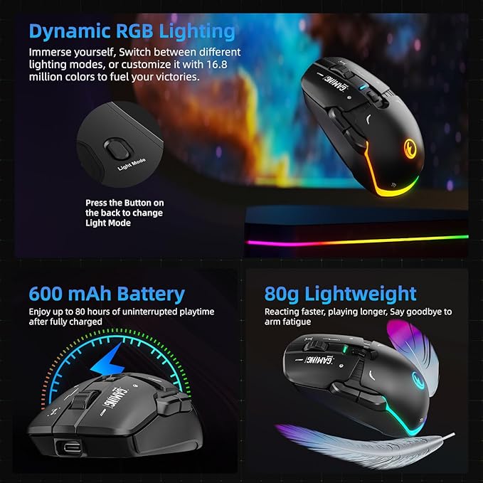 G03 RGB Wireless Rechargeable Gaming Mouse 2.4G/Wired Dual Mode Game MicePAW3395 Sensor 26K DPI Replaceable L/R Switches Swappable Top Case 80g Lightweight 6 Programmable Buttons - Black