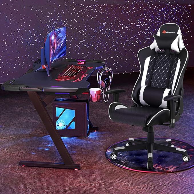 POWERSTONE Gaming Chair Gaming Recliner with Adjustable Armrest Massage Lumbar Pillow Wide Cushion Ergonomic Office Computer Chair for Adults White