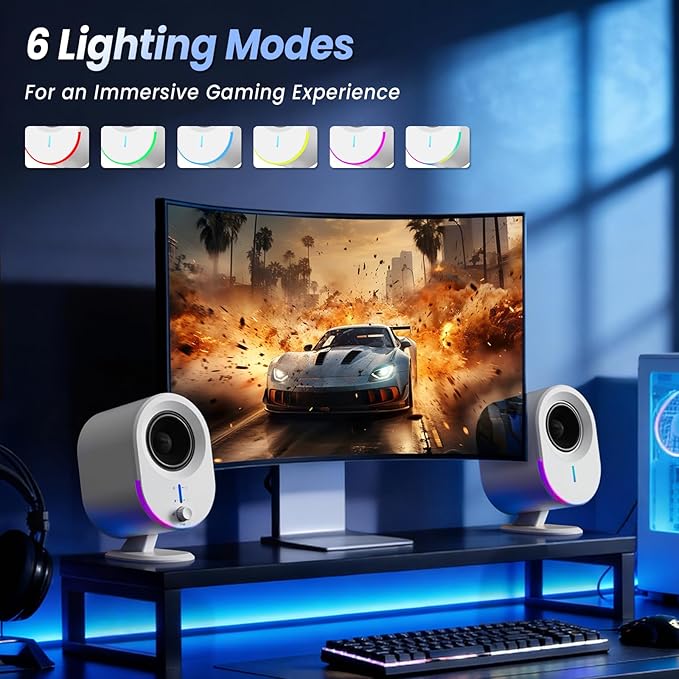 Bluetooth PC Gaming Speakers 2 * 15W 2.0CH Stereo with 3 EQ &amp 6 RGB Modes AC Powered Desktop Speakers with Aux/USB/Headphone Port for Laptop/TV White