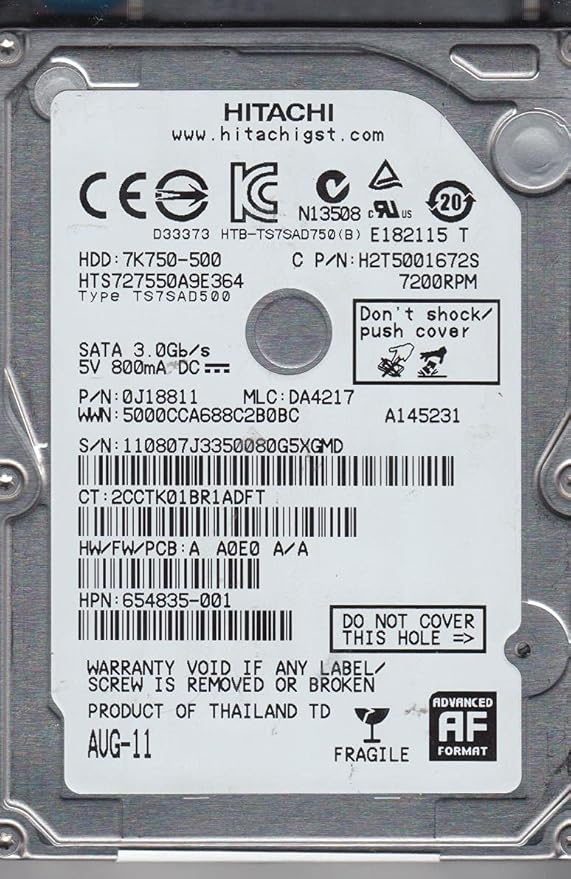 HTS727550A9E364 PN 0J18811 MLC DA4217 Hitachi 500GB SATA 2.5 Hard Drive (Renewed)