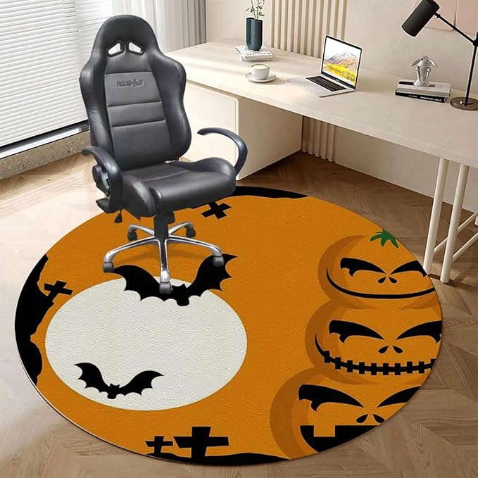 Orange Black PU Leather Office Chair Mat Soft Non Slip Round Floor Mat Spooky Carved Halloween Hardwood Floor and Protector for Rolling Chair Halloween Diameter 39.4 in