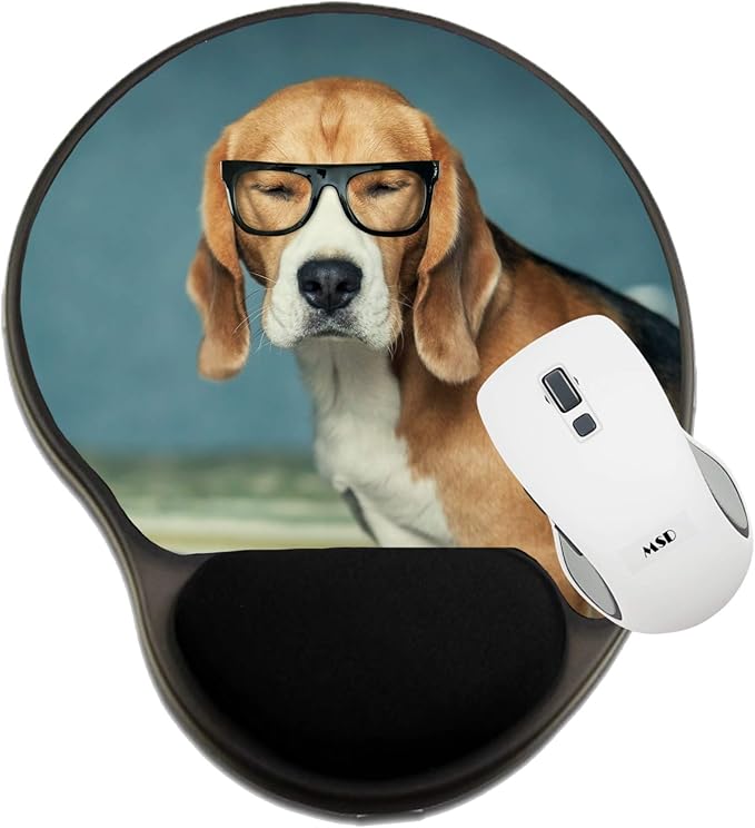 MSD Mousepad Wrist Rest Protected Mouse Pads Mat with Wrist Support Image ID: Sleepy beagle dog in funny glasses near laptop Image 25970204 Stai