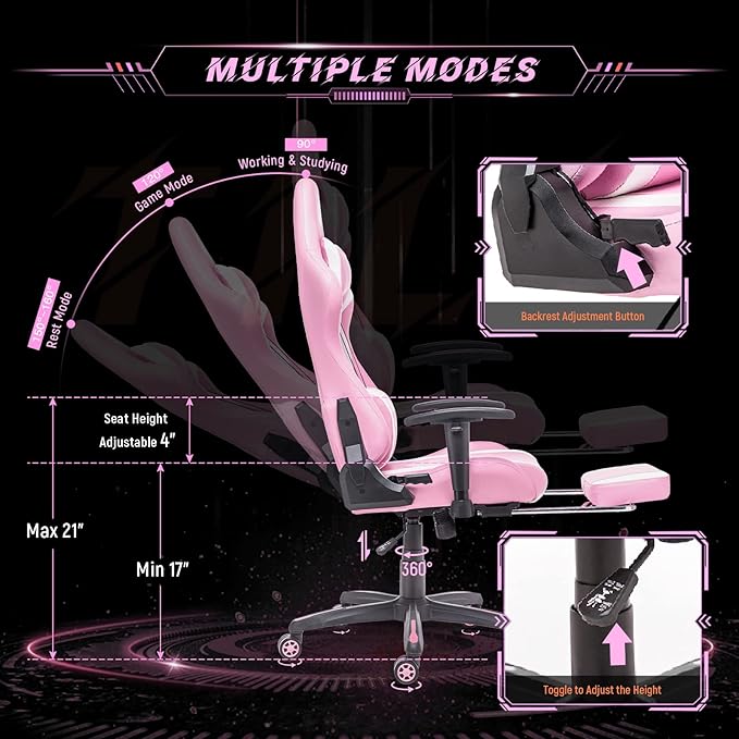 AA Products Gaming Chair Ergonomic High Back Computer Racing Chair Adjustable Office Chair with Footrest Lumbar Support Swivel Chair - WhitePink