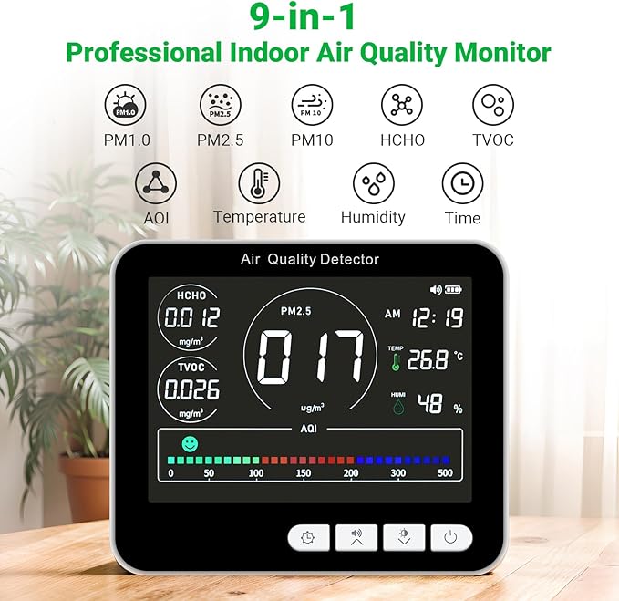 14 in 1 Air Quality Monitor Indoor with Beep Alarm 6 AQI Air Quality Detector with PM1.0|PM2.5|PM10|HCHO|TVOC|AQI|Temperature|Humidity|Time for Home Hotel Office Car Battery Powered Air Monitor
