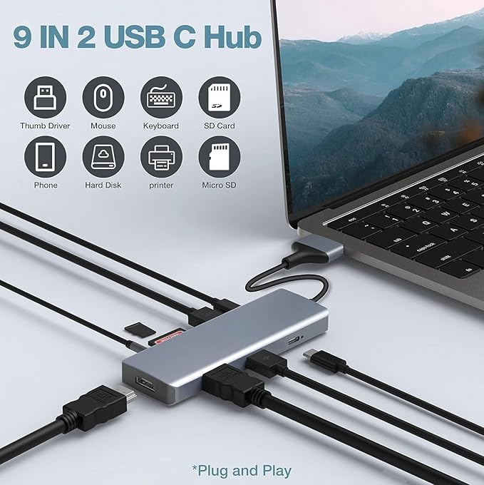 9 in 2 MacBook Air Adapter USB C Hub Triple Display for MacBook Pro Air Mac MacBook Pro Docking Station 4K HDMI Dock with 100W PDUSB 3.0SD/TF Card Reader3.5mm Audio