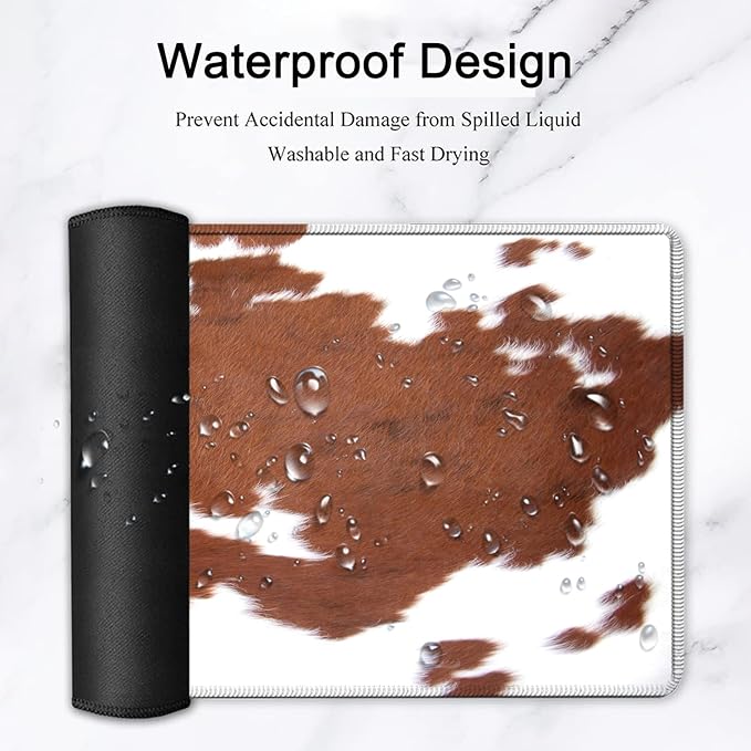 Large Gaming Mouse Pad Extended Waterproof Desk Pad Protector (31.5 x 11.8) Ergonomics Memory Foam Mouse Wrist Rest Supportfor Home Office Laptop Easy TypingBrown White Cowhide Fur XXL Mouse Mat