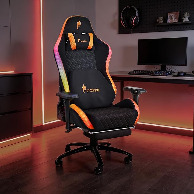 Frassie RGB Gaming Chair with Footrest and LED Lights High Back Reclining Video Game Chair Ergonomic Computer Gamer Chair with Lumbar Support