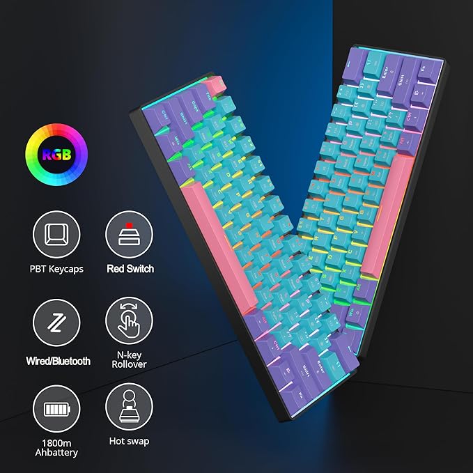 Fogruaden 60 Percent Wireless Gaming Keyboard Wired/Bluetooth Mechanical Keyboard 60% RGB Backlit Hot-Swappable Red Switch