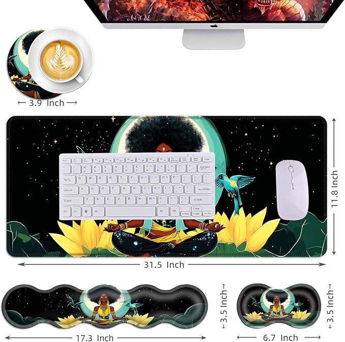 Mouse PadLarge Desk Mat Set 4in1 XL Mousepad + Keyboard Wrist Rest+Mouse Wrist Rest+Coaster with Ergonomic Desk Pad for Home Office Table Computer Cover -Woman on Lotus