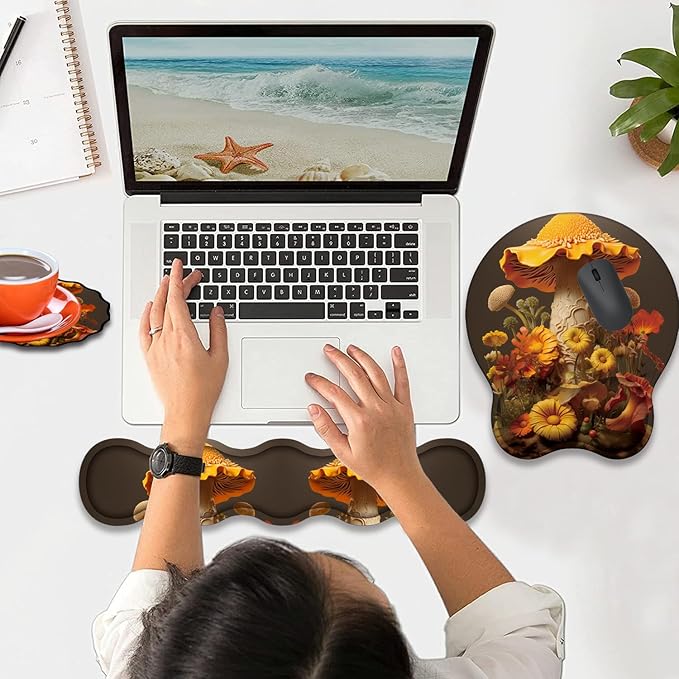 Mouse Wrist Rest and Keyboard Wrist Rest Pad+ Coaster Set Non-Slip Rubber Base Smooth Surface Ergonomic Gaming Mouse Pad for Easy Typing and Pain Relief Mushroom Sunflower