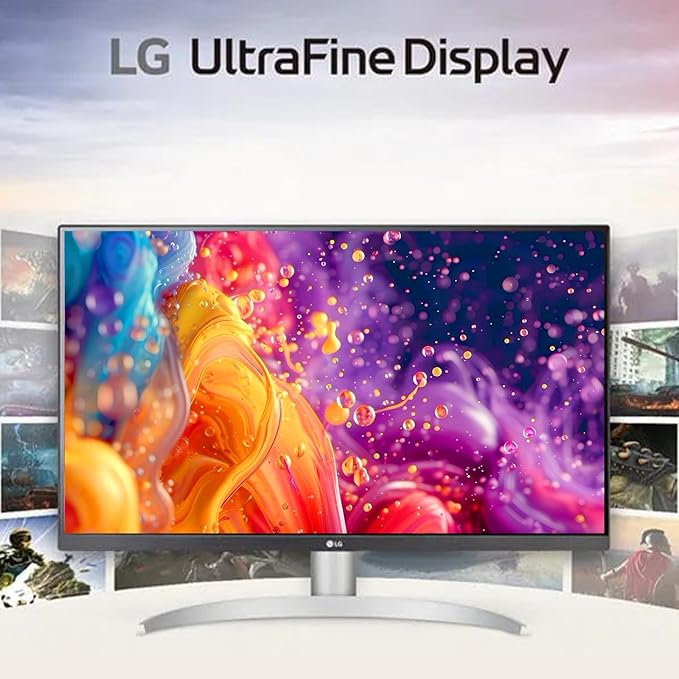 LG 27“ 4K UHD Monitor IPS Display VESA DisplayHDR 400 95% DCI-P3 Dynamic Action Sync Black Stabilizere Height/Tilt/Pivot Stand for Gaming and Offic White/Silver