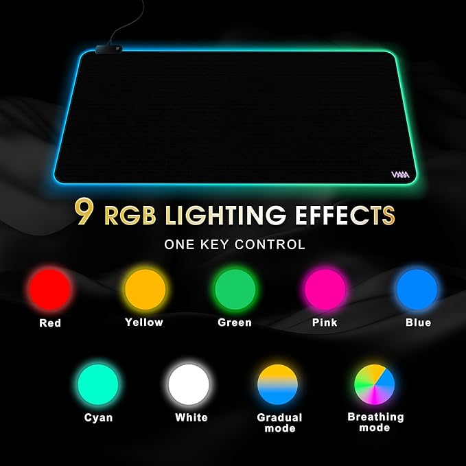 Vyaaa 47 x 20 RGB Gaming Mouse Pad XXL LED Desk Mat with 9 Light-Up Modes Smooth Surface &amp Non-Slip Rubber Base for Gaming/Office/Home (Black)