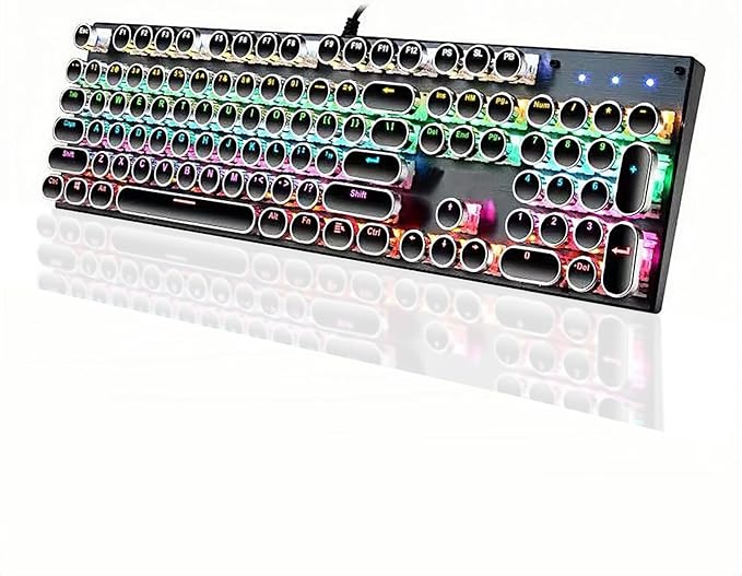 Guiheng Wired Typewriter Style Mechanical Gaming Keyboard Black Retro Punk Gaming Keyboard with RGB Backlit 104 Keys Blue Switch Wired Cute Keyboards Round Keycaps for Windows/Mac/PC