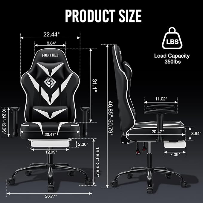 Gaming Chair with Massage Pocket Spring Cushion 155° Reclining Gaming Chair with Footrest and Adjustable Armrests Ergonomic Video Game Chairs White and Black
