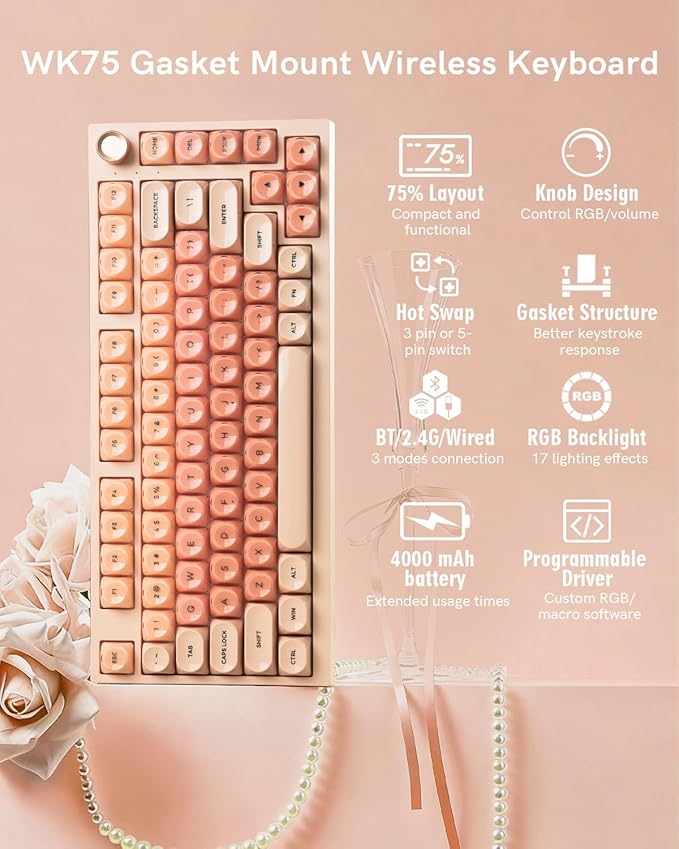 WK75 Wireless Mechanical Keyboard with Knob 75% Foundation Pink Creamy Keyboard Hot Swappable Pre-lubed Switches Gasket Mount with MOA Profile Jelly Keycaps RGB Backlit Gaming Keyboards