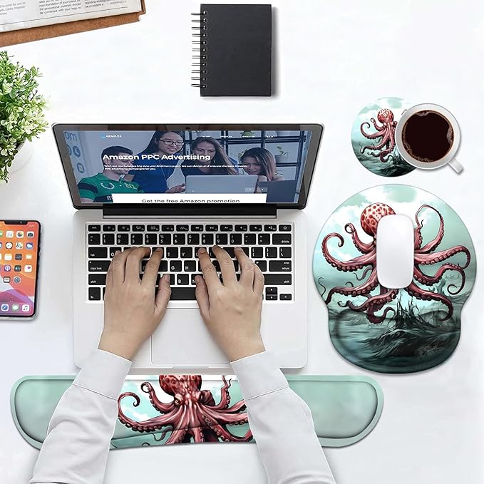 Keyboard Wrist Rest and Mouse Pad Wrist Support Set with Coasters Non-Slip PU Base Ergonomic Gaming Mousepad for Home Office Working Studying Easy Typing &amp Pain Relief - Red Octopus