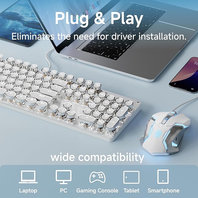EWEADN TK100 Wired Typewriter Mechanical Keyboard and Mouse 104 Keys Aesthetic Typewriter Keyboard Mouse Combo with White Backlit Anti-Ghosting Black Switch Cute Keyboards-White