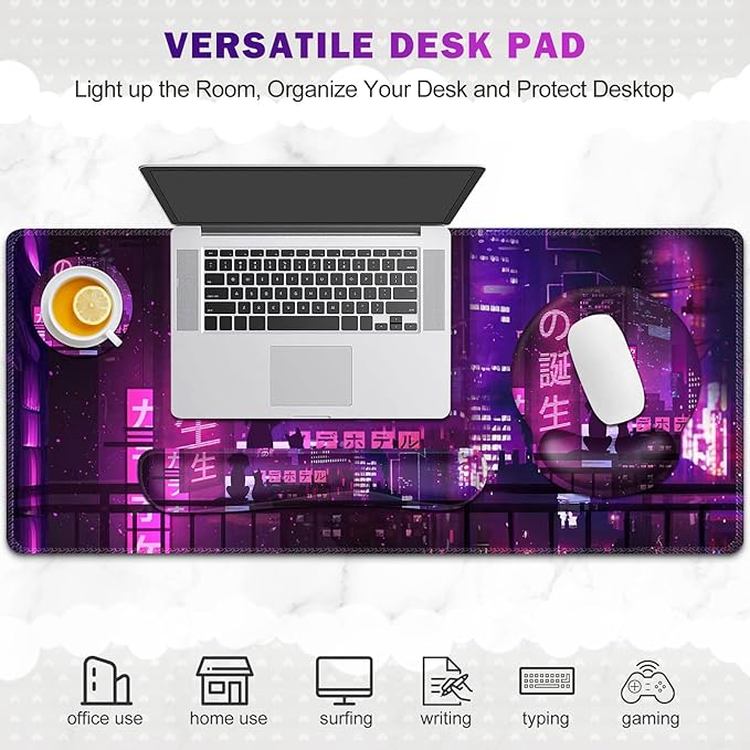 Gaming Mouse Pad Large Desk Mat Cute Desk Pad 4in1 XXL Mousepad + Keyboard Wrist Rest+Mouse Wrist Rest+Coaster Set with Ergonomic Desk Pad for Home Office Table Computer Purple Anime Neon