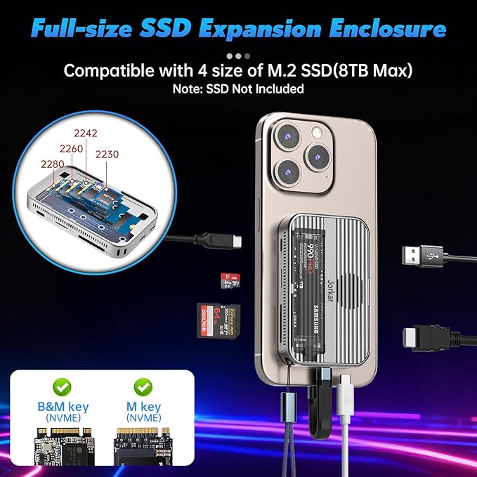 Magnetic Dock M.2 NVMe SSD Enclosure &amp USB C 3.2 Hub Docking Station 10Gbps with Cooling Fan for iPhone 17/16/15 Pro/Pro Max/Plus Support SSD Size 2230/2242/2260/2280 B+M M-Key