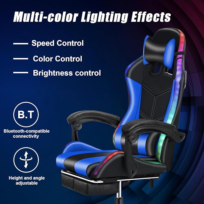Gaming Chair with LED Lights Ergonomic Massage Computer Chair Video Game Chair Reclining Gaming Chairs with Footrest Chair Gaming High Back Music Video Chair with Lumbar Support (Blue2)
