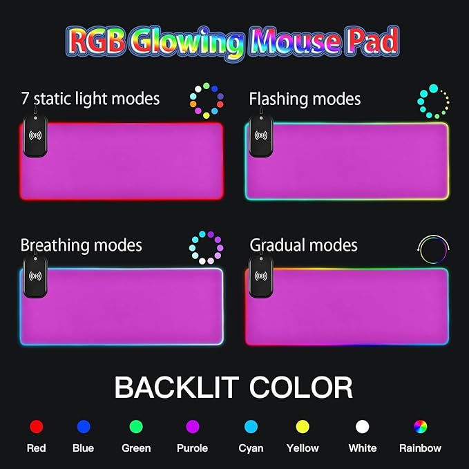 Fuchsia Purple Mouse Pad Gaming Mousepad Non Slip Desk Mat Wireless Charging Keyboard Mats Pad RGB Computer Mouse Pads for Desktop Office Home 35.4 x 15.7 in