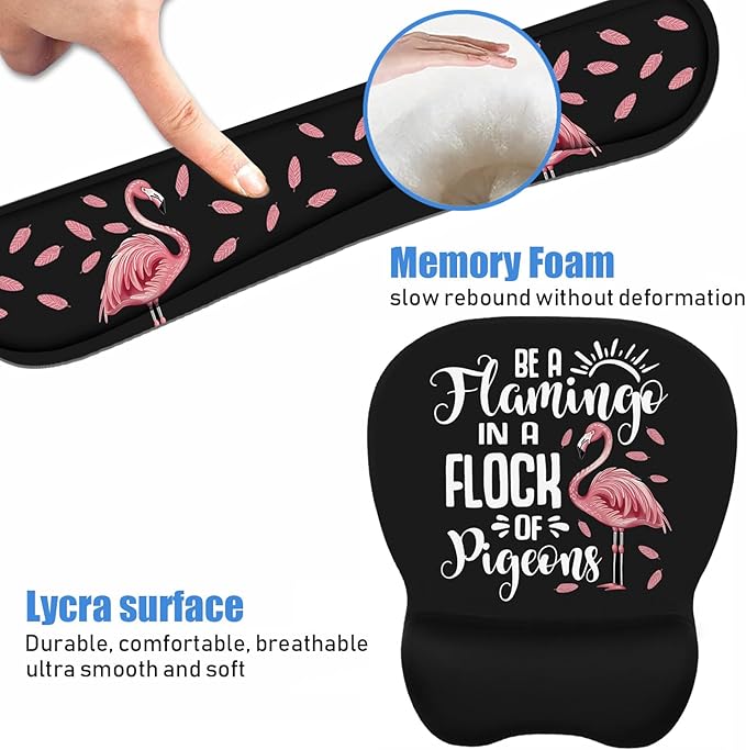 Mouse Pad Wrist Support and Keyboard Wrist Rest Set with Coasters Inspirational Quote Be a Flamingo in a Flock Pigeons with Non-Slip PU Base Ergonomic Mousepad for Computer Laptop Home Office