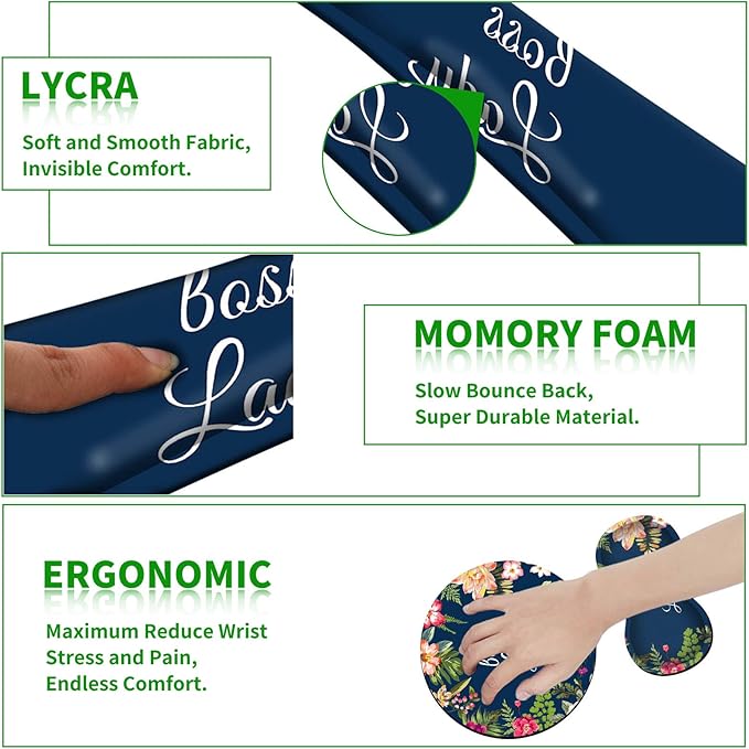 Ergonomic Keyboard Wrist Rests Gel Memory Foam Mouse Pad with Round Mousepad + Coasters Wrist Support Set with Non Slip Base for Gaming Office Laptop Easy Typing &amp Pain Relief Floral Boss Lady