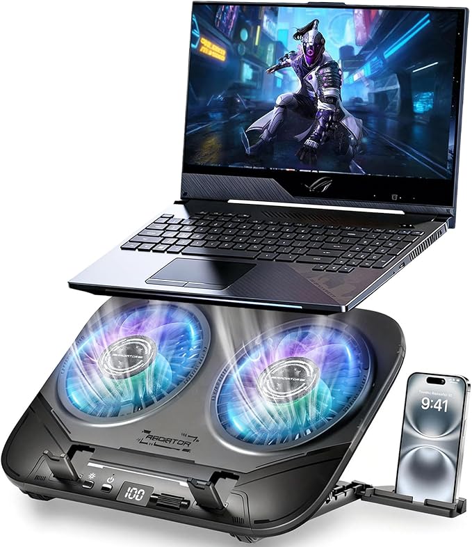 Upgraded Laptop Cooling Pad with Dual TEC Cooler Gaming Laptop Cooler 2 Powerful Turbo Fans Fast Cooling Laptop 12-21in 5 Height Stands 100 Gear Speed Adjust LCD Screen RGB Phone Holder