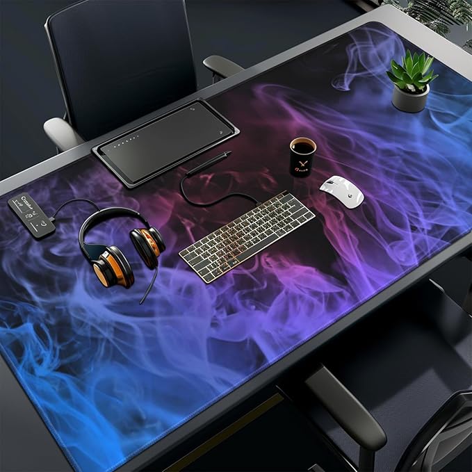Huge 48x24 inch Mouse Pad - Extra Large Gaming Smoke Mouse Pads with Stitched Edges for Desk Non-Slip Rubber Base 3XL Mousepad Waterproof Keyboard Pad Desk Pad for Gamer Office Home (Blue)