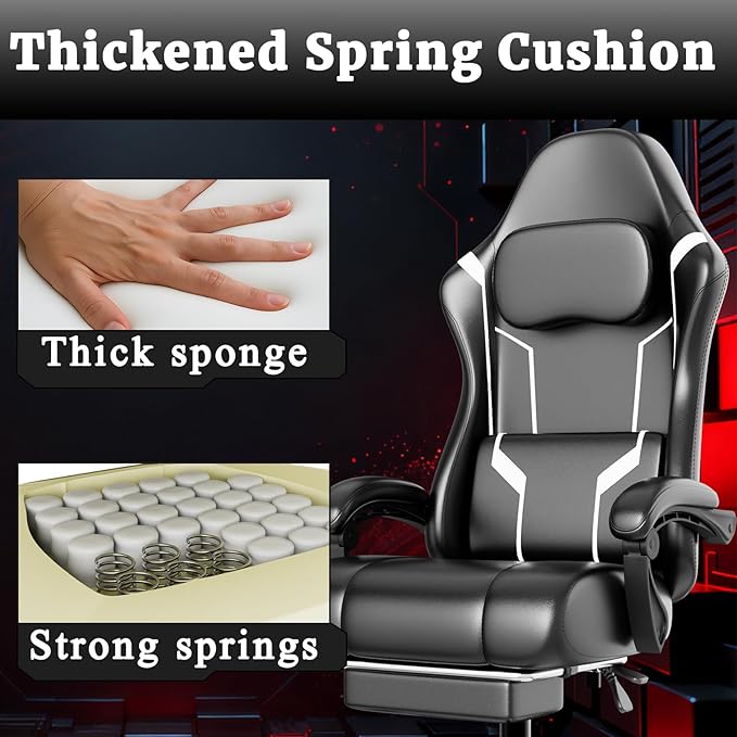 Ergonomic Gaming Chair Video Game Chair with Pocket Spring Cushion and Footrest Height Adjustable Computer Chair with Swivel Seat and Headrest (White)