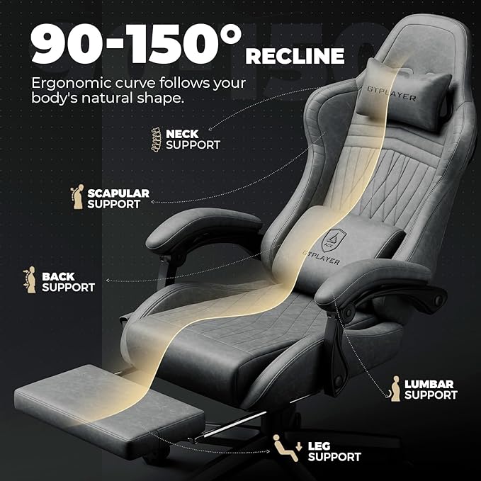 GTPLAYER ACE-PRO Music Gaming Chairs – Built-in Speakers App Support &amp Bluetooth Control Computer Game Chairs with Footrest for Adults Ergonomic Reclining Silla Linkage Armrest Grey
