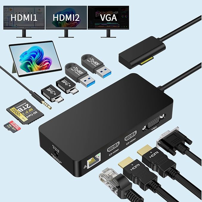 Surface Docking Station Triple Display Dual 4K HDMI &amp VGA 12-in-1 Surface Dock 2 for Microsoft Surface Pro 12/11/10/9/8/7/6/5/4/3 Surface Laptop 7/6/5/4 Surface Go/Book/Laptop Go