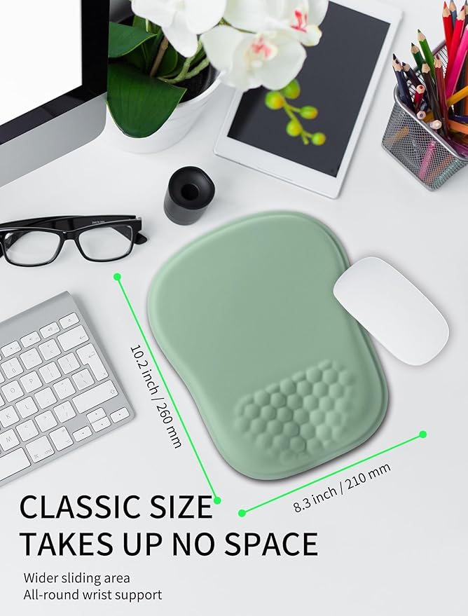 Hokafenle Ergonomic Wrist-Hugging Mouse Pad Wrist Support U-Shaped Holding Wrist Rest Mousepad for Carpal Tunnel Pain Relief with Cushioned Memory Foam Slope Massage Bulge (10.2x8.3 inLight Green)