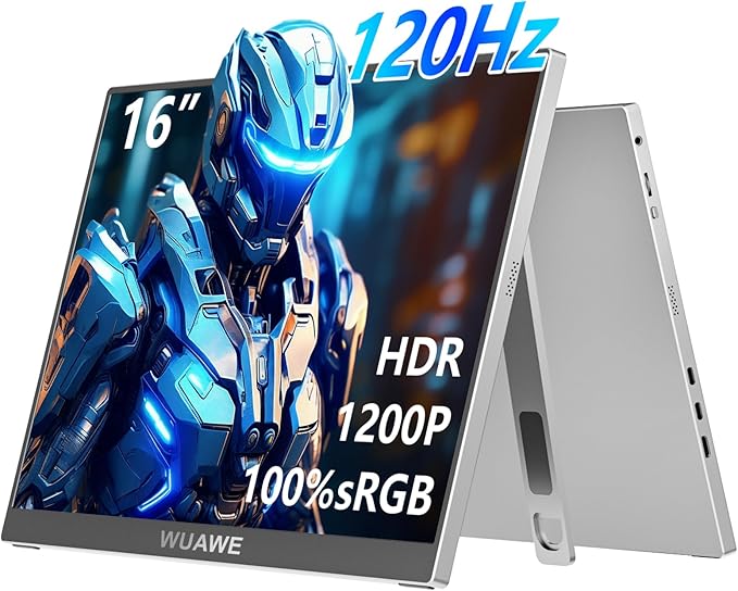 WUAWE 120Hz Portable Monitor 100% sRGB 16 Inch Portable Gaming Monitor with Built-in Stand HDR and Freensync External USB C Monitor for Laptop PC Phone Switch and PS5 (Silver)
