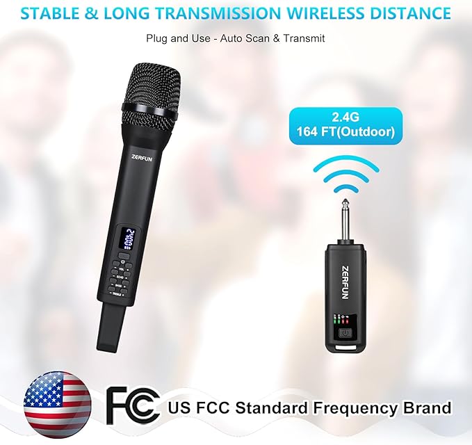 Rechargeable Wireless Microphone Pro Handheld Cordless Mic System with Echo Treble BASS VOL Control for Karaoke Singing Church Party 1/4'' Output Black