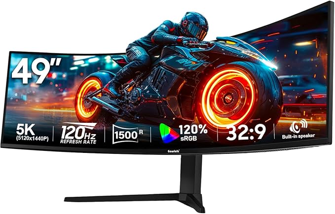 Gawfolk 49 Inch Curved Gaming Monitor 120hz1500R PC Monitor Built-in Speakers DQHD 5120x1440 Computer Screen for Home Office Business DP HDMI Support Wall Mount 75x75mm