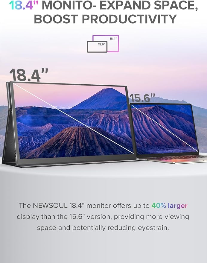 Newsoul Portable Monitor 4K QLED 18.4 UHD 3840 * 2160 Laptop Monitor 120% sRGB Large Portable Screen Built-in USB-C Mini HDMI with VESA &amp Cover Second Screen for Phone Game Console