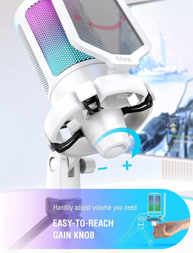 FIFINE AmpliGame USB Microphone PC Gaming Recording Desktop Laptop Mic RGB Streaming Podcasting Condenser Mic for Online Game Vocal with Mute Button Gain Knob Tripod Stand-A6V White