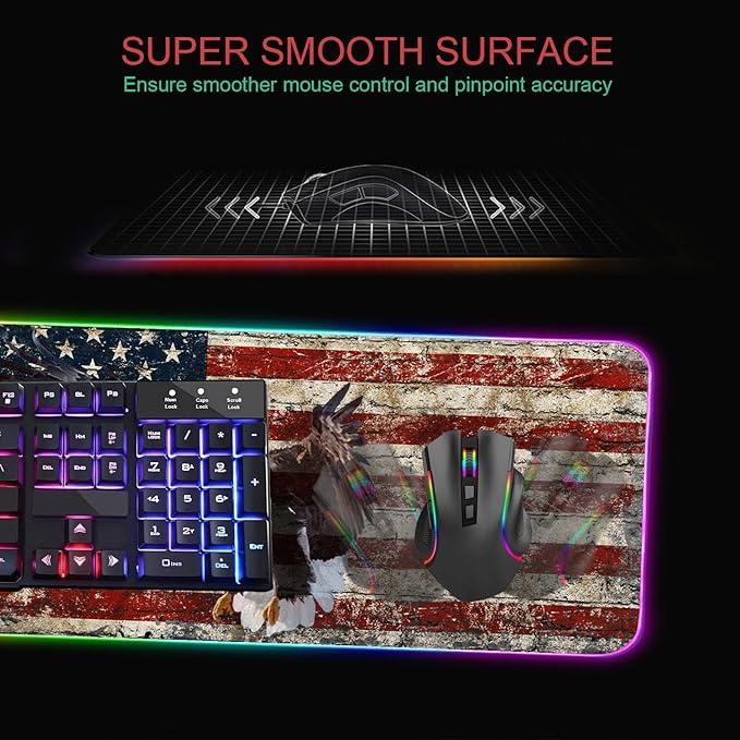 RGB Gaming Mouse Pad with Coffee Coaster XXL Large Glowing LED Mousepad Anti-Slip Rubber Base Computer Keyboard Desk Mouse Mat 31.5 X 11.8 Inch - Military Wall Graffiti USA Flag Bald Eagle