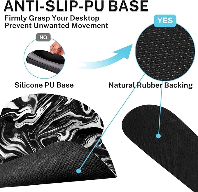 Britimes Black White Marble Keyboard Mouse Pad Set 4in1 Large Mousepad+Keyboard Wrist Rest+Mouse Wrist Rest+Coaster Ergonomic Design for Home Office Computer 35.4x15.7 inches