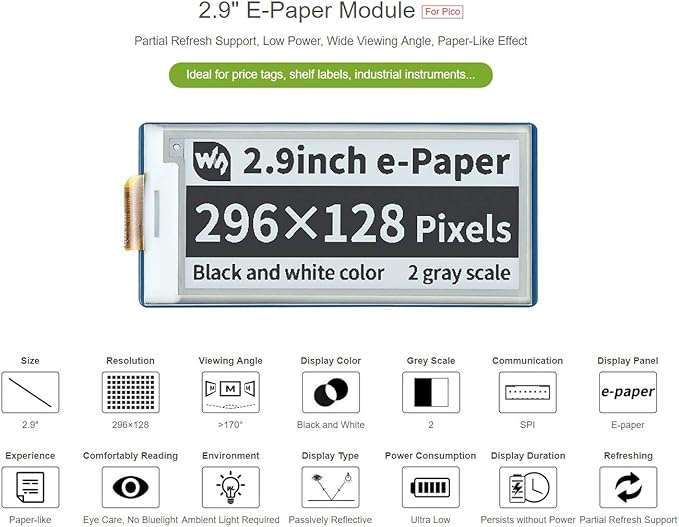 waveshare 2.9inch E-Ink Display HAT 296×128 Pixels Black White Two Color E-Paper Module epaper Screen for Raspberry Pi Pico Microcontroller BoardSPI InterfaceSupport Partial Refresh